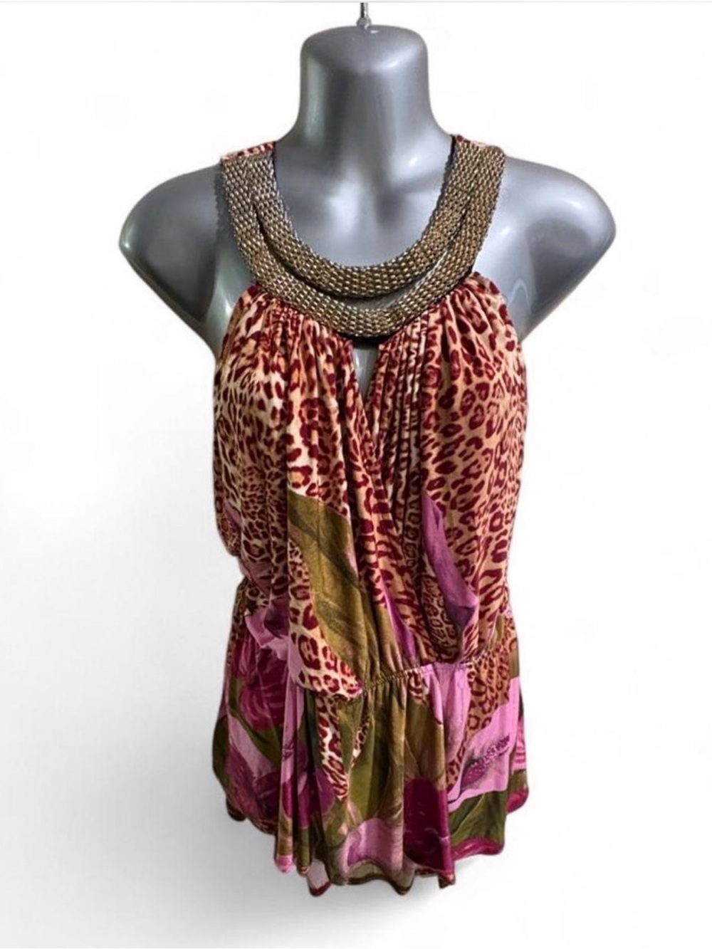 Y2K Vintage Venus Sleeveless Animal Print Metallic Neck Top - Pink Brown